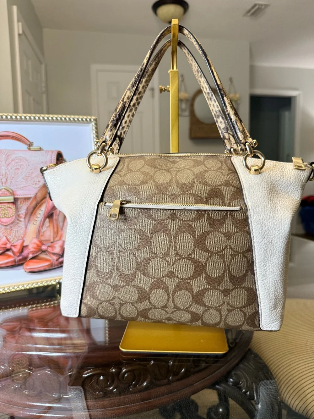 Coach Brown Signature Canvas Satchel with Cream Leather and Gold Hardware